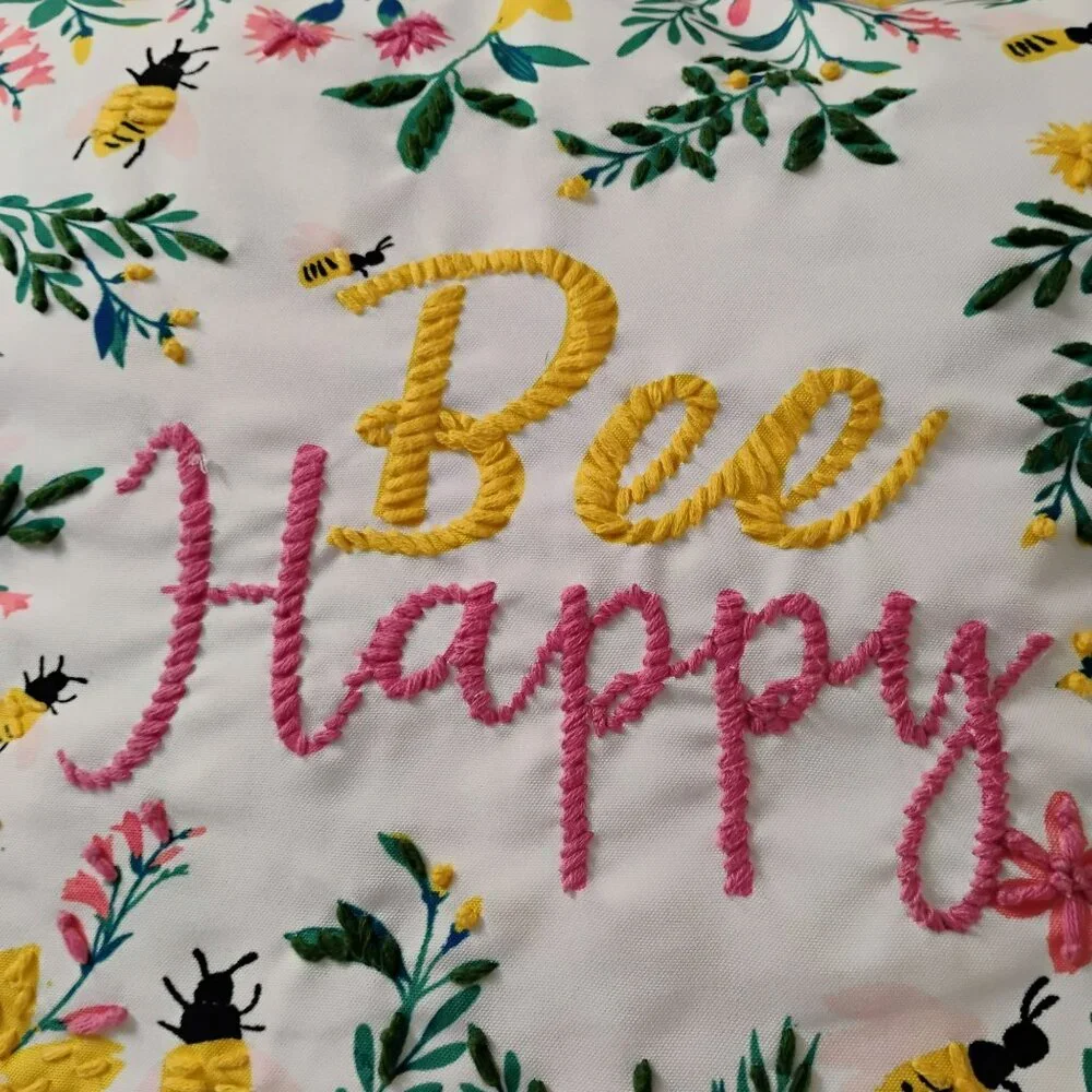 Bee Happy Embroidered Throw Pillow With Floral & Bee Design, Cottagecore Decor